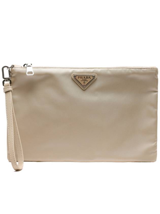 Re-Nylon and Saffiano Leather Clutch Bag Desert Beige - PRADA - BALAAN 3