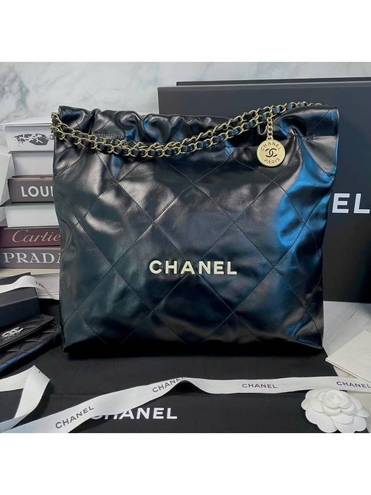 Medium Shoulder Bag Shiny Calfskin Gold Black - CHANEL - BALAAN.