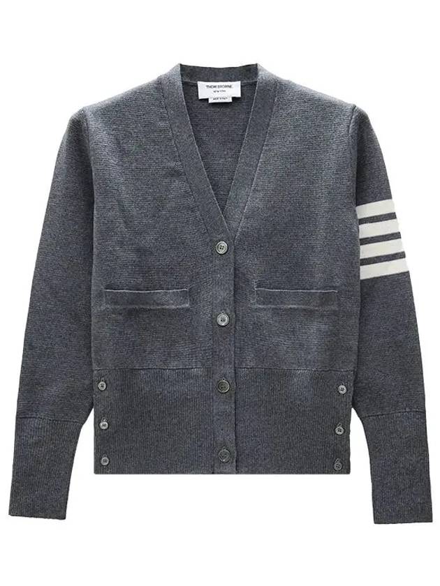 Milano Stitch 4 Bar Classic V Neck Fine Merino Wool Cardigan Medium Grey - THOM BROWNE - BALAAN 2