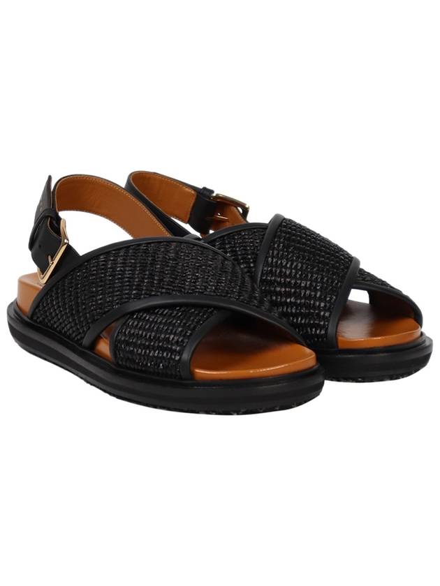 Leather Raffia Effect Fabric Fussbett Sandals Black - MARNI - BALAAN 2