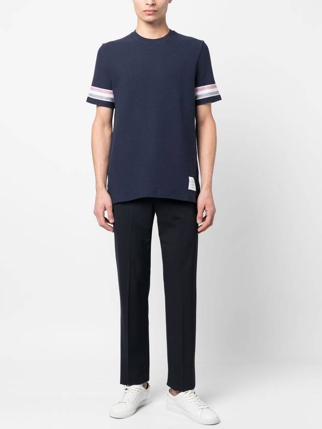 Textured Cotton Stripe Short Sleeve T-Shirt Navy - THOM BROWNE - BALAAN 4