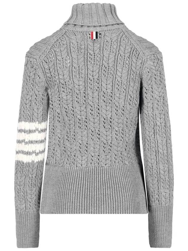 Women's 4 Bar Irish Pointelle Cable Merino Wool Turtleneck Grey - THOM BROWNE - BALAAN 4