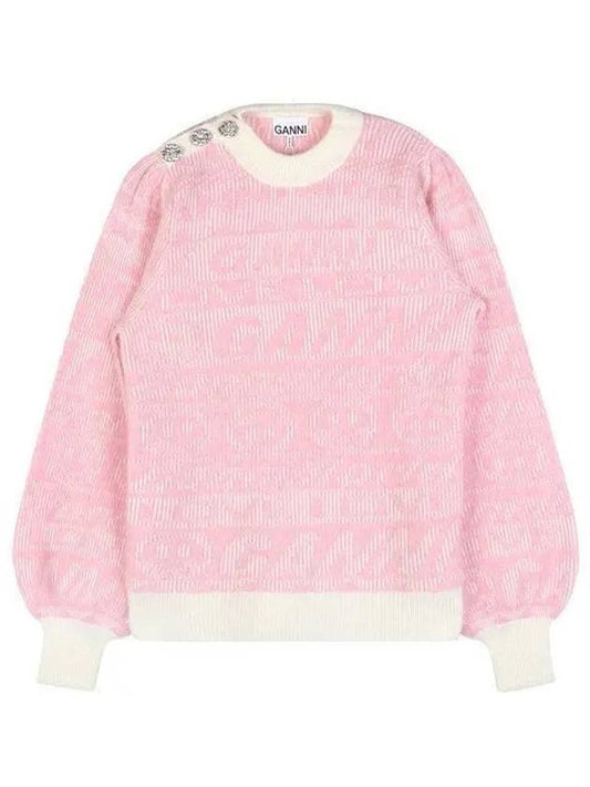 Logo Pullover Pattern Crew Neck Knit Top Pink - GANNI - BALAAN 2