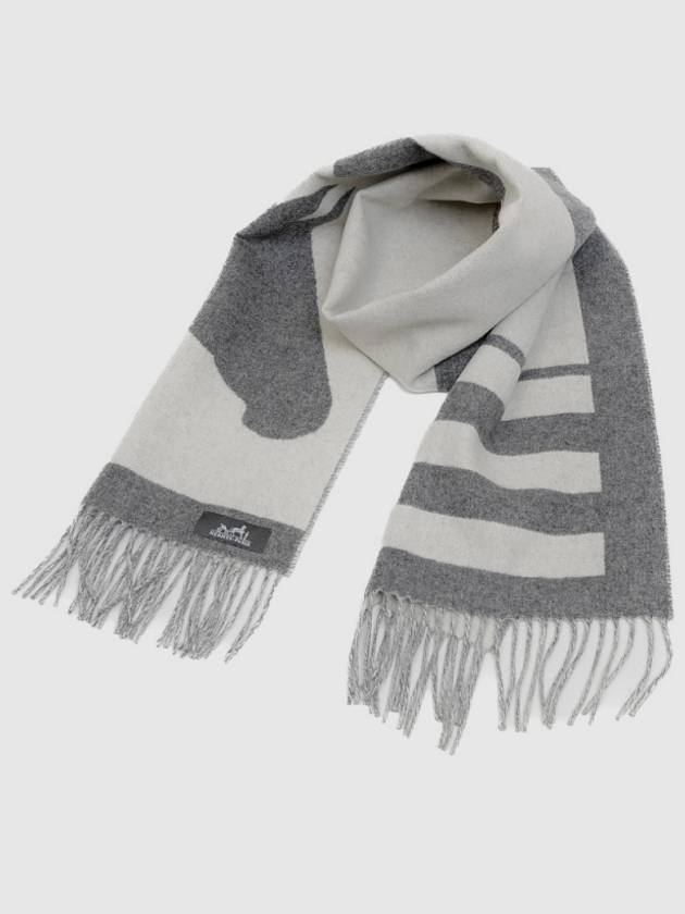 Cashmere Horse Two tone Muffler Shawl Gray Ivory Women Men - HERMES - BALAAN 8