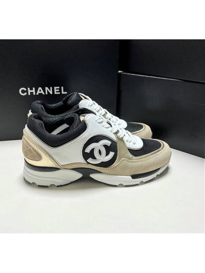 CC Logo Calfskin Fabric Low-Top Sneakers Beige Gold - CHANEL - BALAAN 2