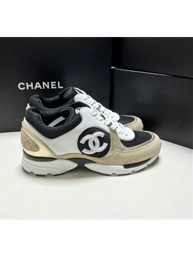 CC Logo Calfskin Fabric Low-Top Sneakers Beige Gold - CHANEL - BALAAN 4