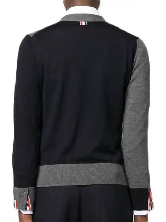 Fun Mix Fine Merino Jersey Stripe Relaxed V-Neck Cardigan Navy Grey - THOM BROWNE - BALAAN 3