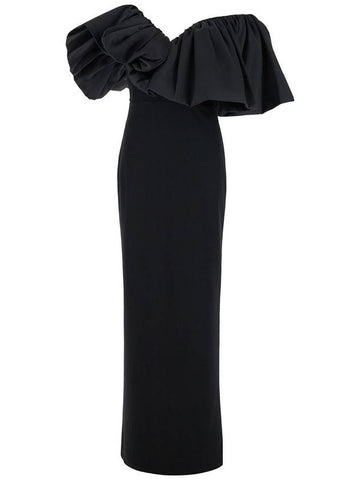 'Cassia' Black Maxi Dress With Asymmetric Neckline And Ruched Details In Tech Fabric Woman - SOLACE LONDON - BALAAN 1