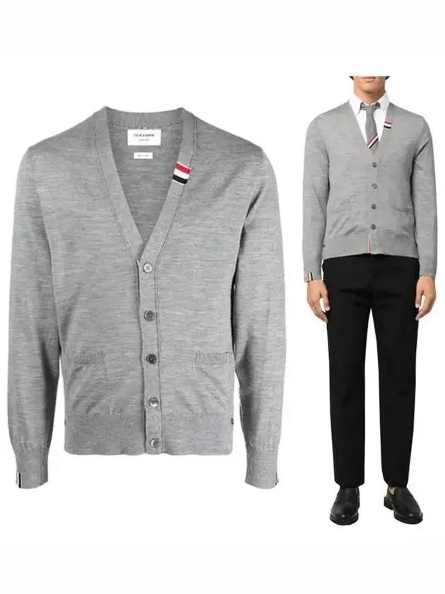 Men's Jersey Stitch V-Neck Cardigan Light Grey - THOM BROWNE - BALAAN 3