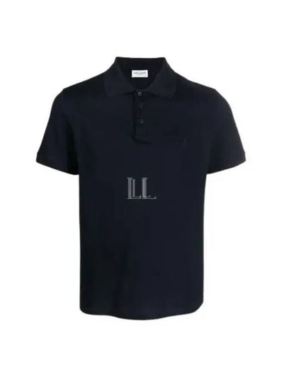 Men's Monogram Cotton Short Sleeve Polo Shirt Navy - SAINT LAURENT - BALAAN 2