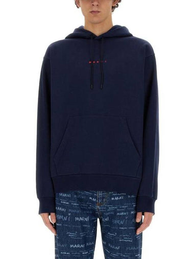 Logo Print Drawstring Hoodie Blue - MARNI - BALAAN 1