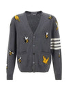 Men's Merino Bird Bee 4 Bar V-Neck Merino Cotton Cardigan Medium Grey - THOM BROWNE - BALAAN 2