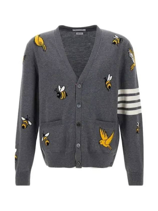 Men's Merino Bird Bee 4 Bar V-Neck Merino Cotton Cardigan Medium Grey - THOM BROWNE - BALAAN 2