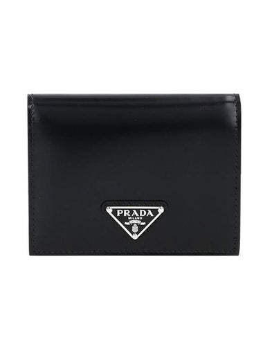 Spazzolato Triangle Logo Brushed Leather Half Wallet Black - PRADA - BALAAN 1