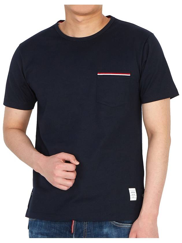 Men's Medium Weight Jersey Tipped Pocket Crewneck Short Short Sleeve T-Shirt Navy - THOM BROWNE - BALAAN 6