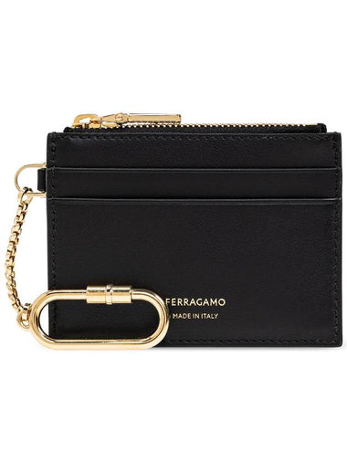 FERRAGAMO Leather Card Holder With Keychain, Women's, Black - SALVATORE FERRAGAMO - BALAAN 1