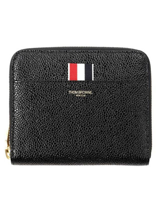 Three Stripes Pebble Grain Zipper Round Half Wallet Black - THOM BROWNE - BALAAN 1