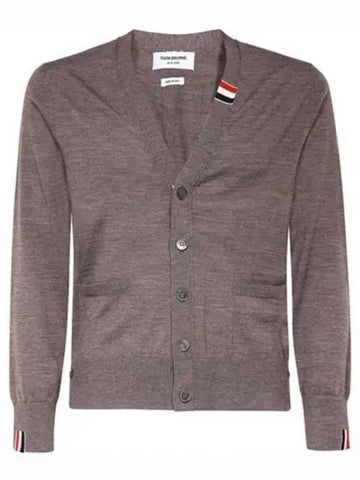 Stitched merino wool V neck cardigan relaxed fit brown men s jacket 271332 - THOM BROWNE - BALAAN 1