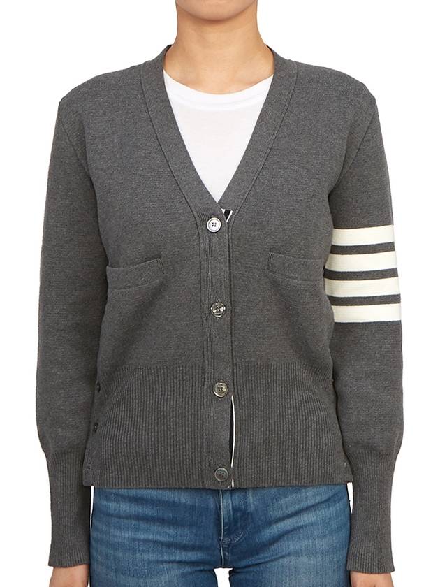 Cotton 4-Bar Milano Classic V-Neck Cardigan Medium Grey - THOM BROWNE - BALAAN 3