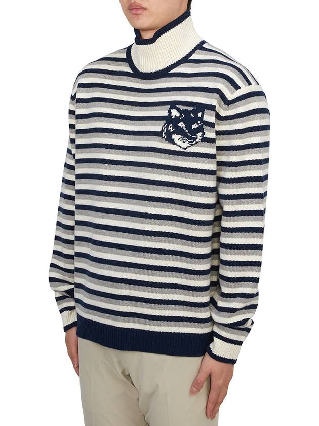 Fox Head Intarsia Striped High Neck Comfort Knit Top White Navy - MAISON KITSUNE - BALAAN 3