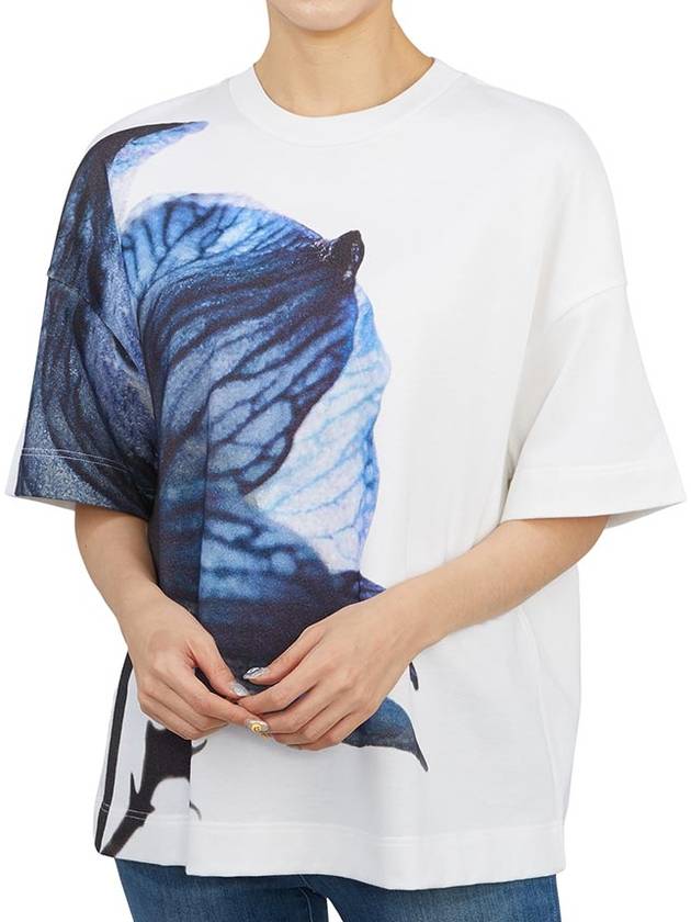 Women's Flower Print Short Sleeve T-Shirt White Blue - ALEXANDER MCQUEEN - BALAAN 6