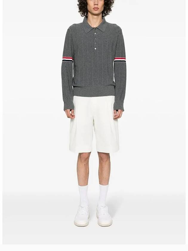 Striped Virgin Wool Long Sleeve Polo Shirt Grey - THOM BROWNE - BALAAN 4