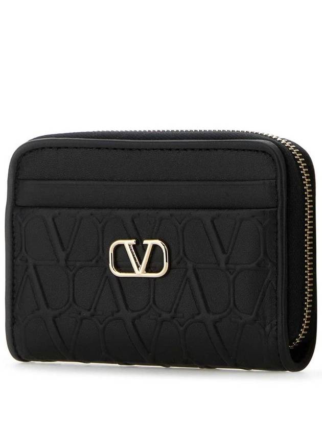 V Logo Signature Zipper Card Wallet Black - VALENTINO - BALAAN 3