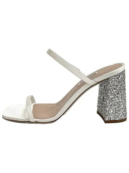 Satin Glitter Slide Sandals Heels White Silver - MIU MIU - BALAAN.