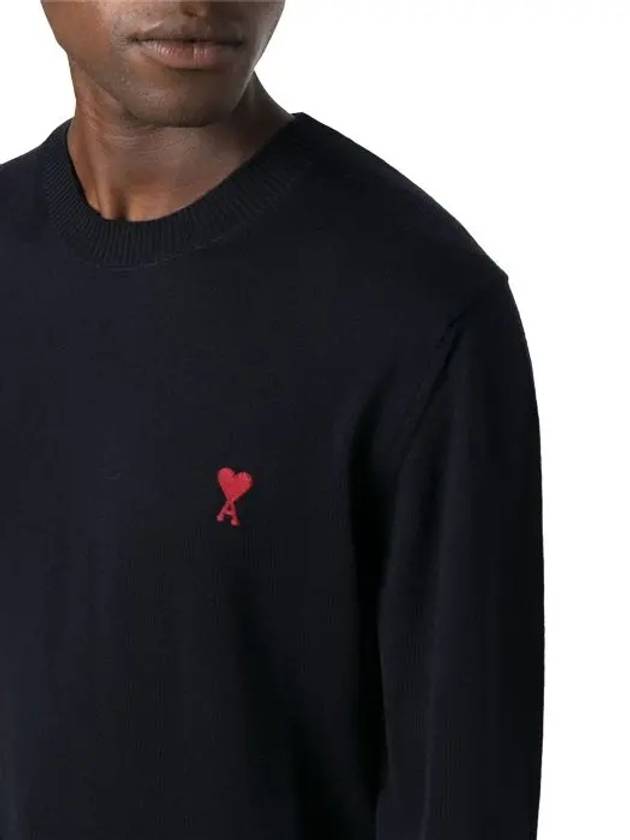 Heart Embroidered Logo Crew Neck Knit Top Navy - AMI - BALAAN 3