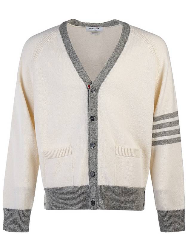 V-Neck 4-Bar Wool Cardigan White - THOM BROWNE - BALAAN 2