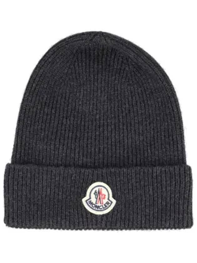 Logo Patch Wool Beanie Dark Grey - MONCLER - BALAAN 1