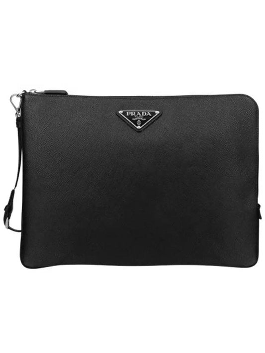 Triangle Logo Large Saffiano Clutch Bag Black - PRADA - BALAAN 2