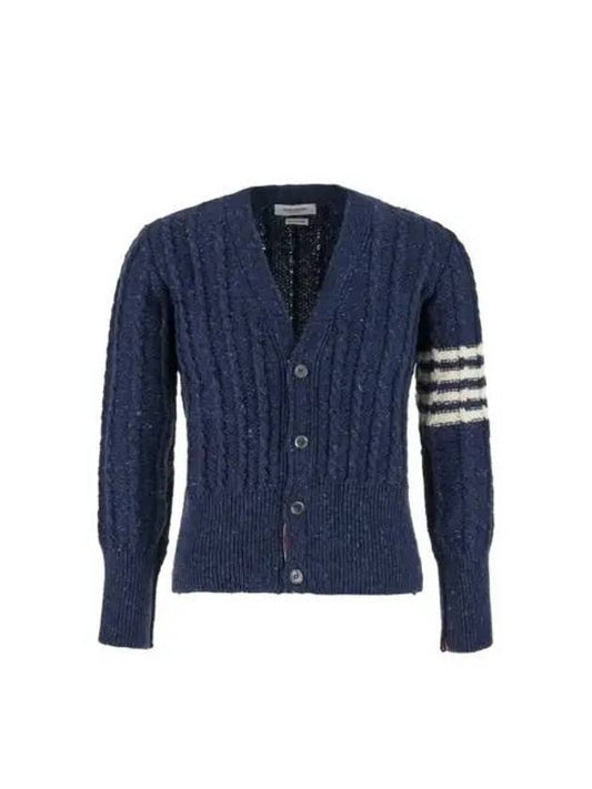 Donegal Twist Cable 4 Bar Classic V Neck Cardigan Blue - THOM BROWNE - BALAAN 2