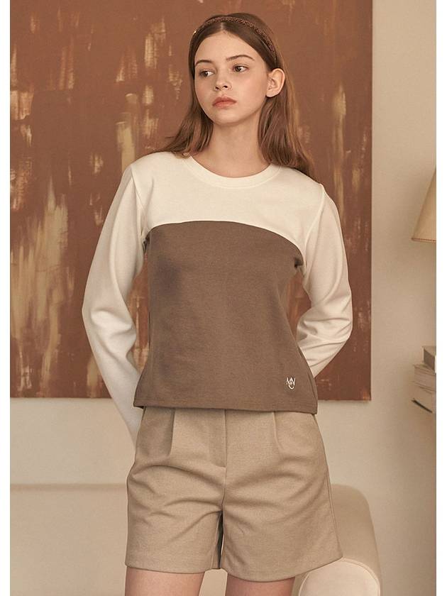 Women Witty Two-tone Back Slit Round Long Sleeve T-Shirt Brown - MICANE - BALAAN 2