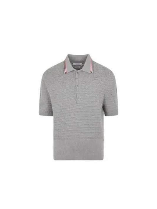 Textured Stitch Cotton Short Sleeve Polo Shirt Grey - THOM BROWNE - BALAAN 2