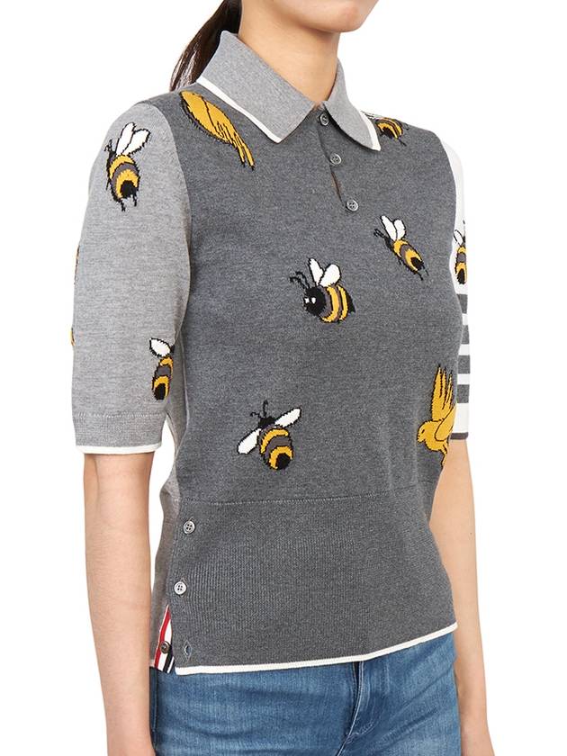 Fun-Mix Cotton Merino Birds and Bees 4-Bar Polo Shirt Tonal Grey - THOM BROWNE - BALAAN 4