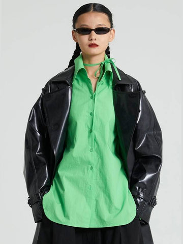 Women's Strap Oversized Cotton Shirt Green - RAWMANTICS - BALAAN 1