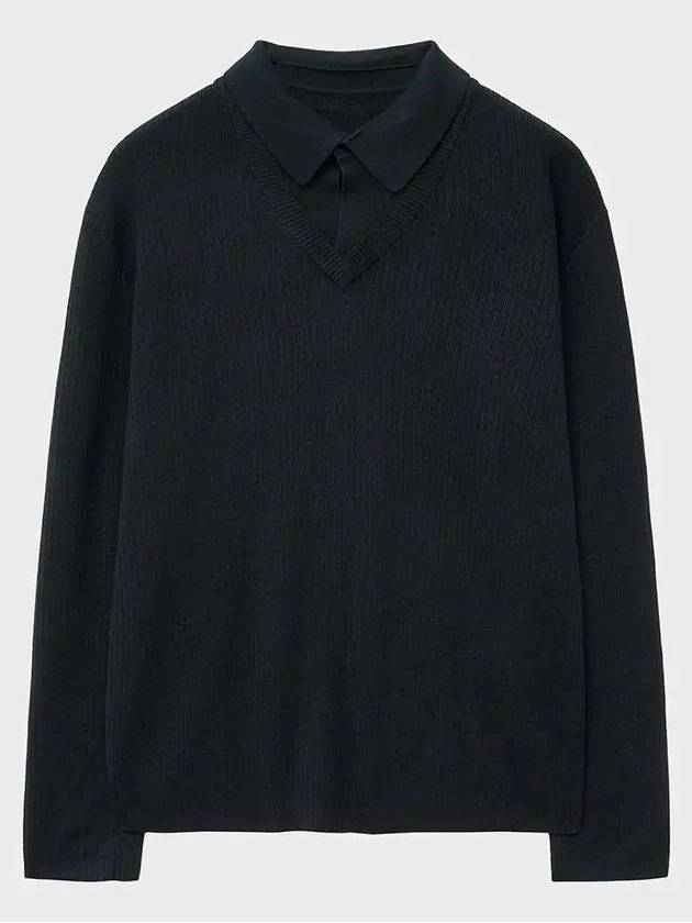 Layered V neck polo knit black - NOIRER - BALAAN 9