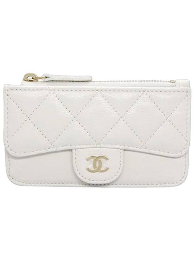 CC Logo Zipper Grained Shiny Calfskin Card Wallet White - CHANEL - BALAAN 1