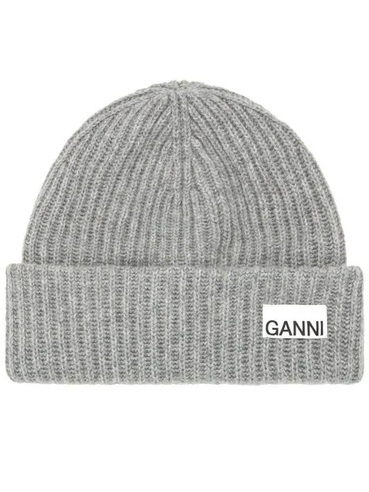 Logo Patch Knit Beanie Grey - GANNI - BALAAN.