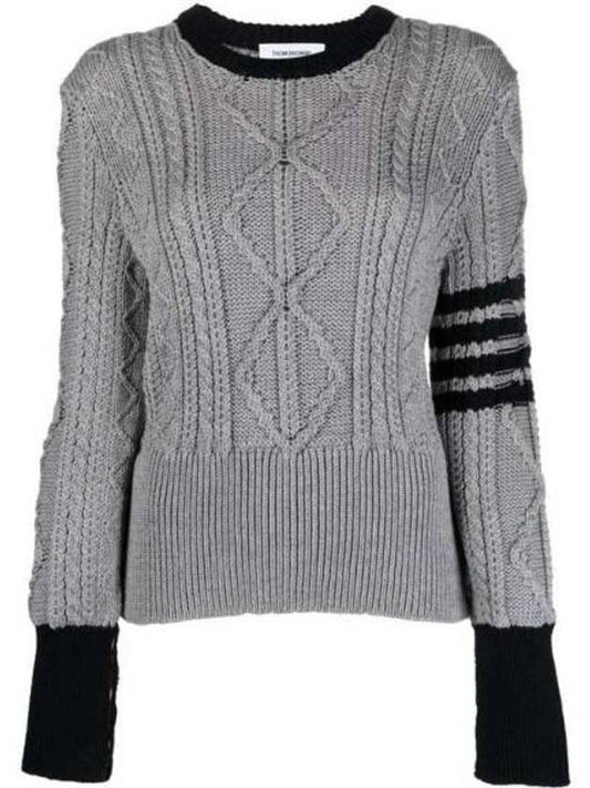 Women's 4 Bar Cable Classic Crew Neck Knit Top Grey - THOM BROWNE - BALAAN 1