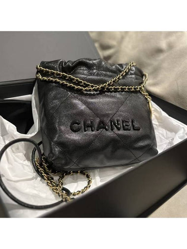 22 Mini Chain Bag Shiny Calfskin All Black AS3980 - CHANEL - BALAAN 1