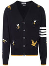 Men's Merino Bird Bee 4 Bar V-Neck Merino Cotton Cardigan Navy - THOM BROWNE - BALAAN 3