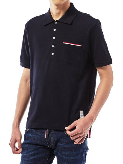 Men's Three Stripes Pocket Mercerized Short Sleeve Polo Shirt Navy - THOM BROWNE - BALAAN 2