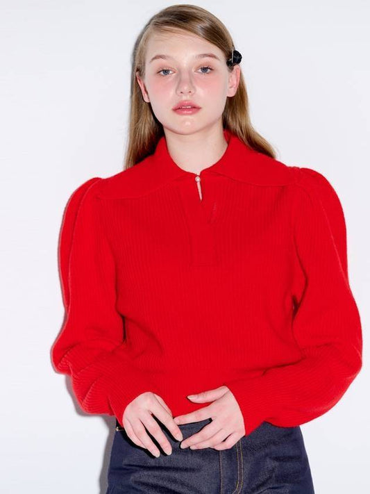 Women's Collar Neck Puff Knit Top Red - OPENING SUNSHINE - BALAAN 1