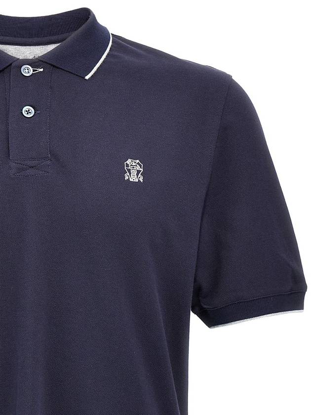 Embroidered Logo Short Sleeve Polo Shirt Navy - BRUNELLO CUCINELLI - BALAAN 4