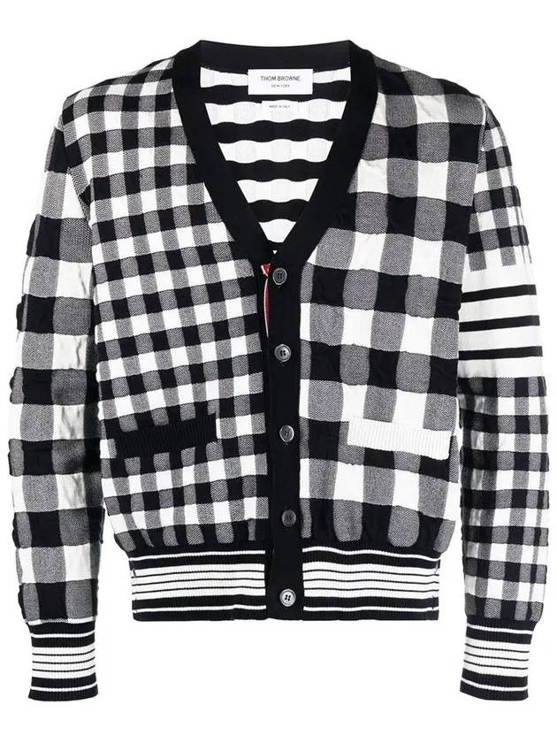 4-Bar Stripe Funmix Gingham Jacquard Cardigan Navy - THOM BROWNE - BALAAN 3