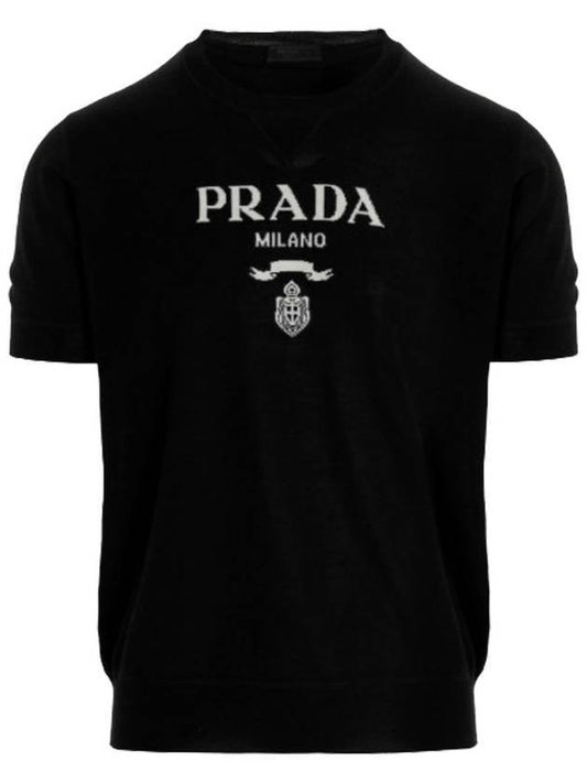 logo wool cashmere short sleeve knit black - PRADA - BALAAN 1