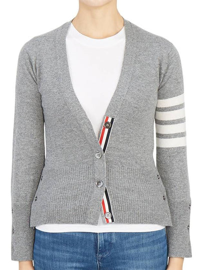 4-Bar V-Neck Cashmere Cardigan Light Grey - THOM BROWNE - BALAAN 2