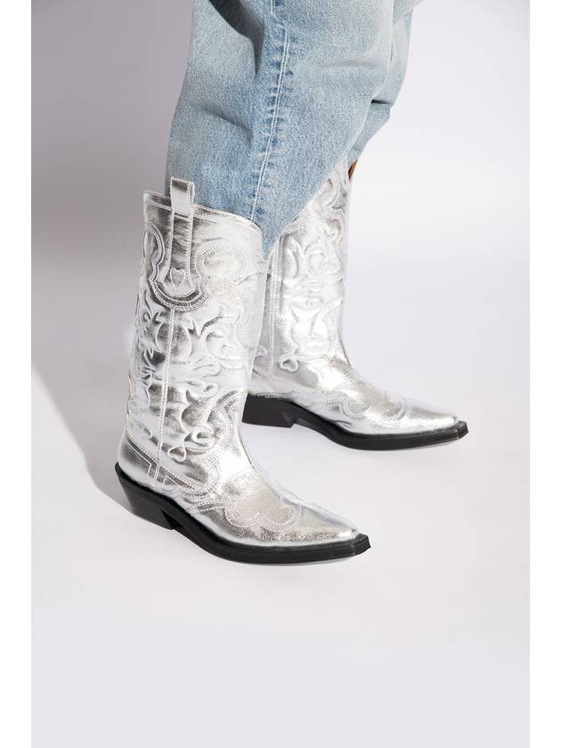 Ganni Cowboy Boots With Stitching Details, Women's, Silver - GANNI - BALAAN 2